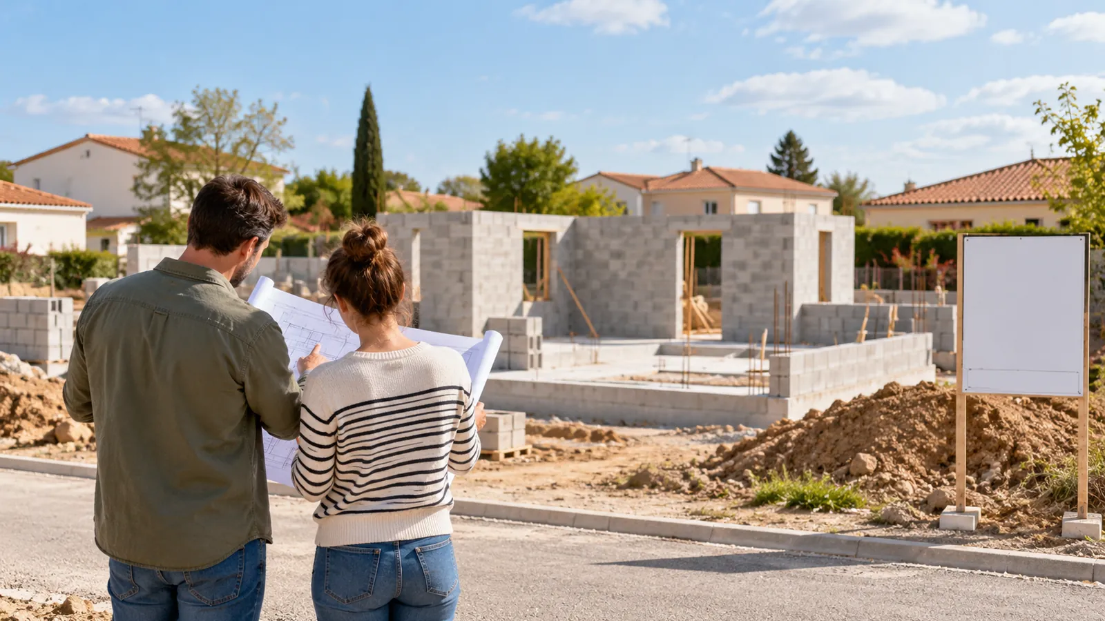 Panneau de permis de construire planté devant le chantier d'une maison individuelle