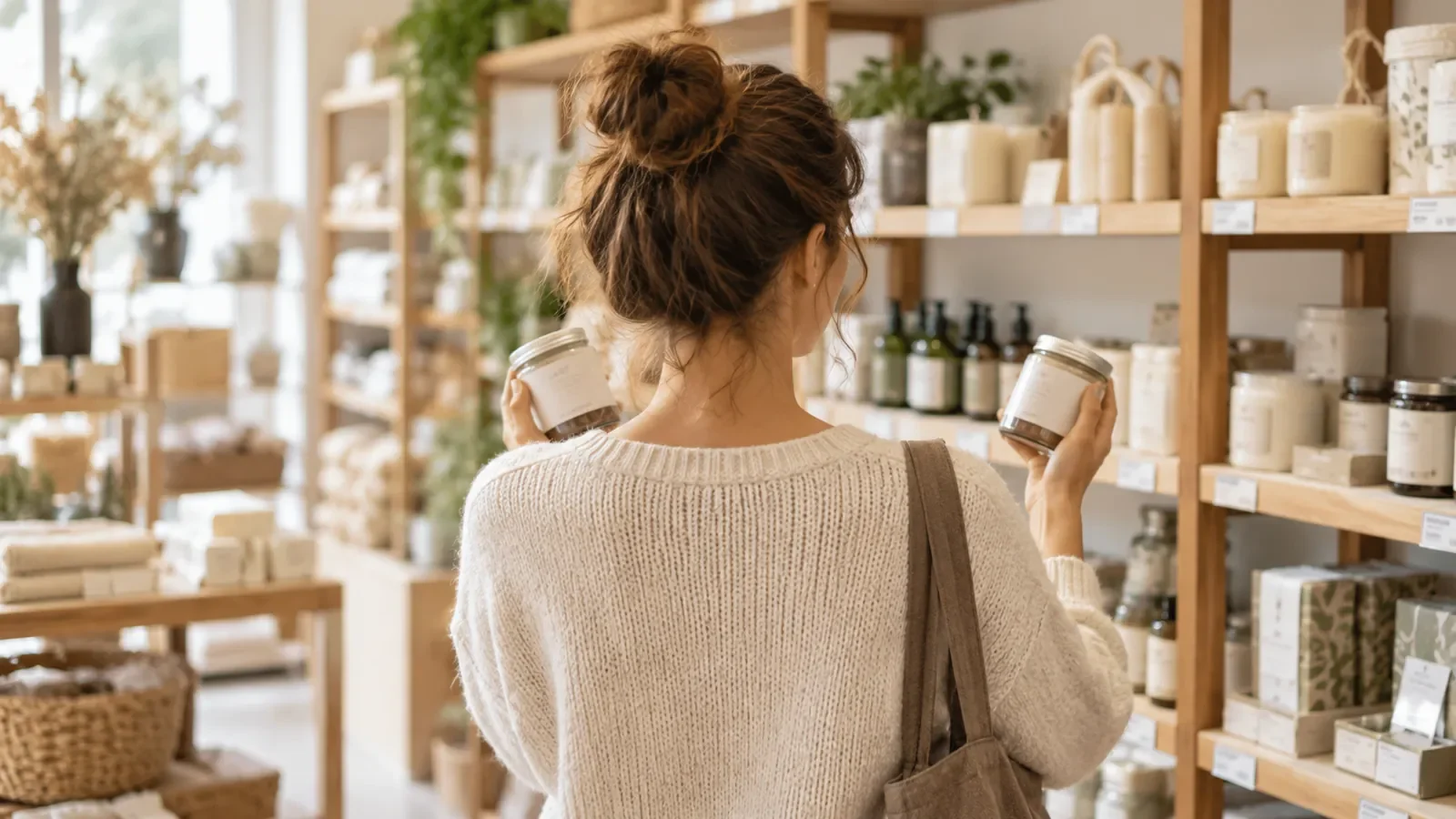 Personne hésitant entre deux options devant un rayon, illustrant un biais cognitif